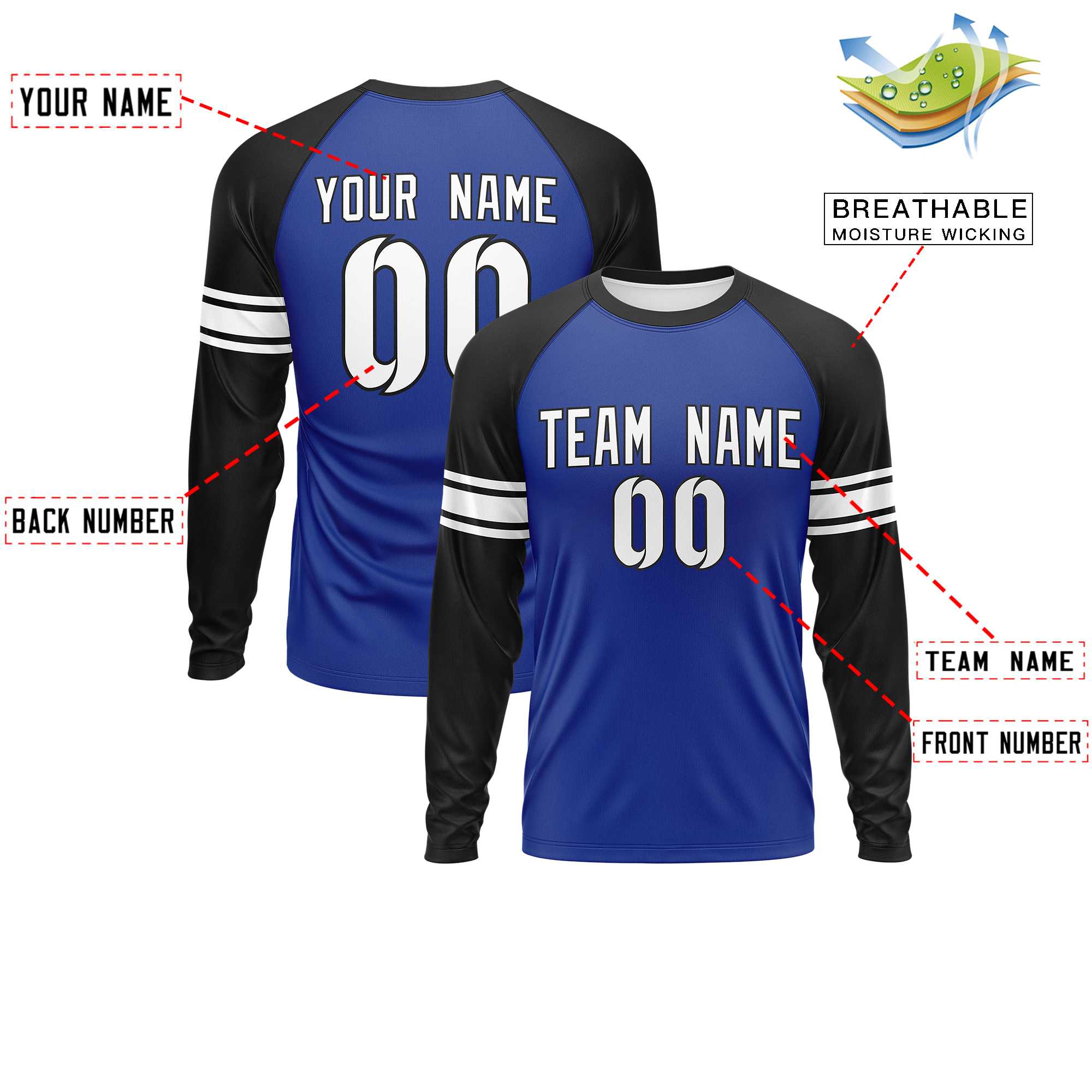 Custom Royal Black White Crew Neck Personalized Raglan Long Sleeve Performance T-shirt