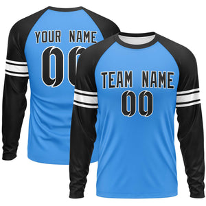 Custom Powder Blue Black White Crew Neck Personalized Raglan Long Sleeve Performance T-shirt