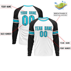 Custom White Black Sky Blue Crew Neck Personalized Raglan Long Sleeve Performance T-shirt