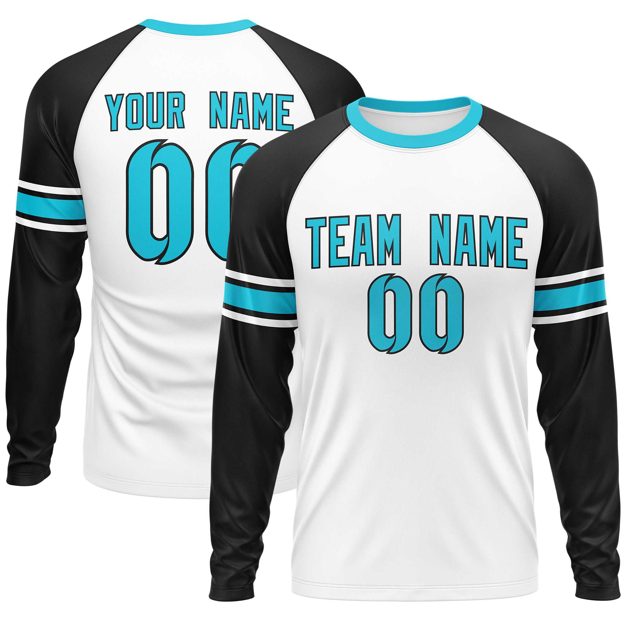 Custom White Black Sky Blue Crew Neck Personalized Raglan Long Sleeve Performance T-shirt