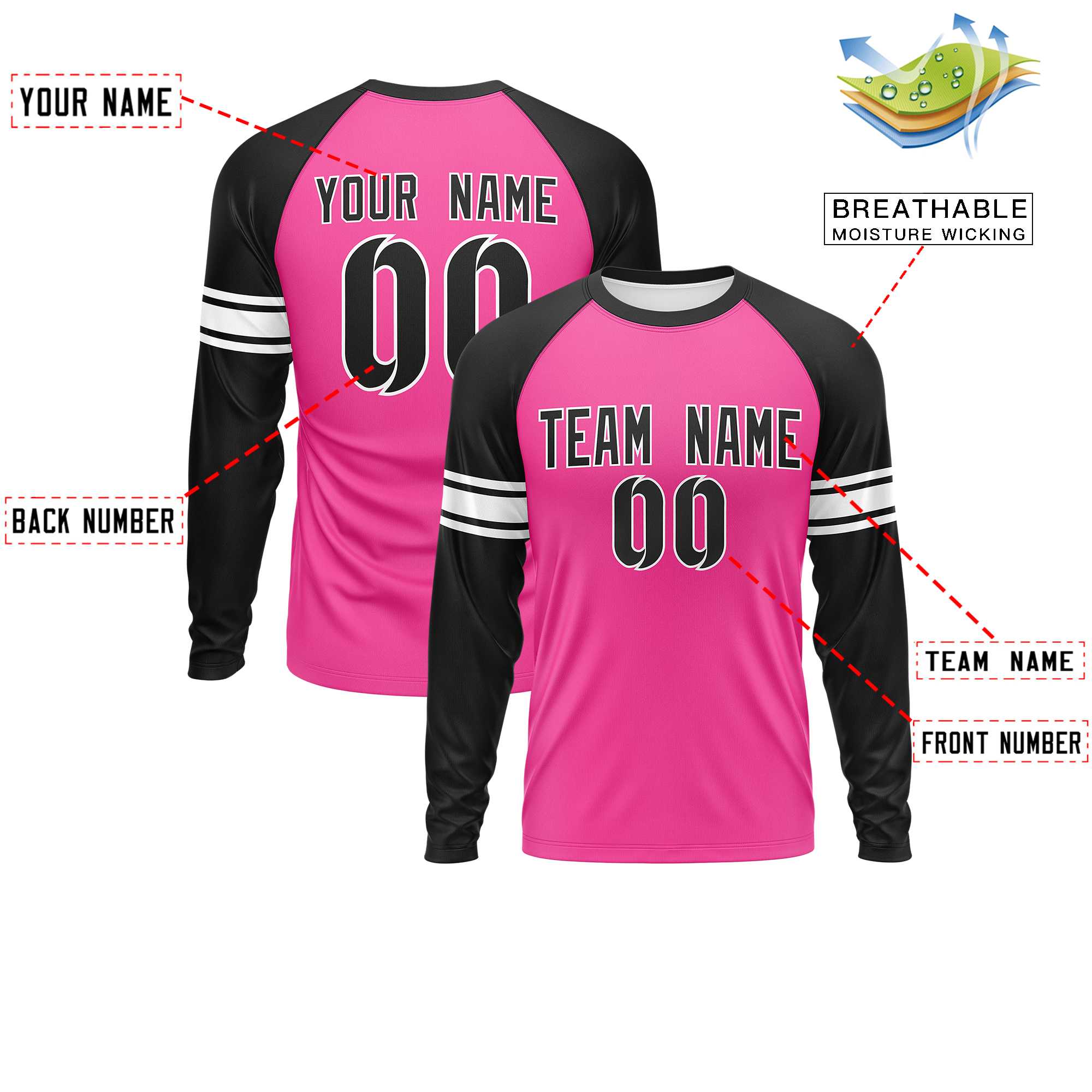 Custom Pink Black White Crew Neck Personalized Raglan Long Sleeve Performance T-shirt