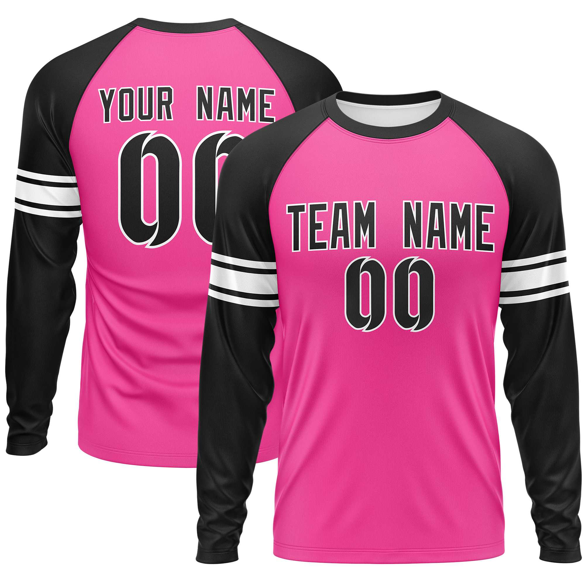 Custom Pink Black White Crew Neck Personalized Raglan Long Sleeve Performance T-shirt