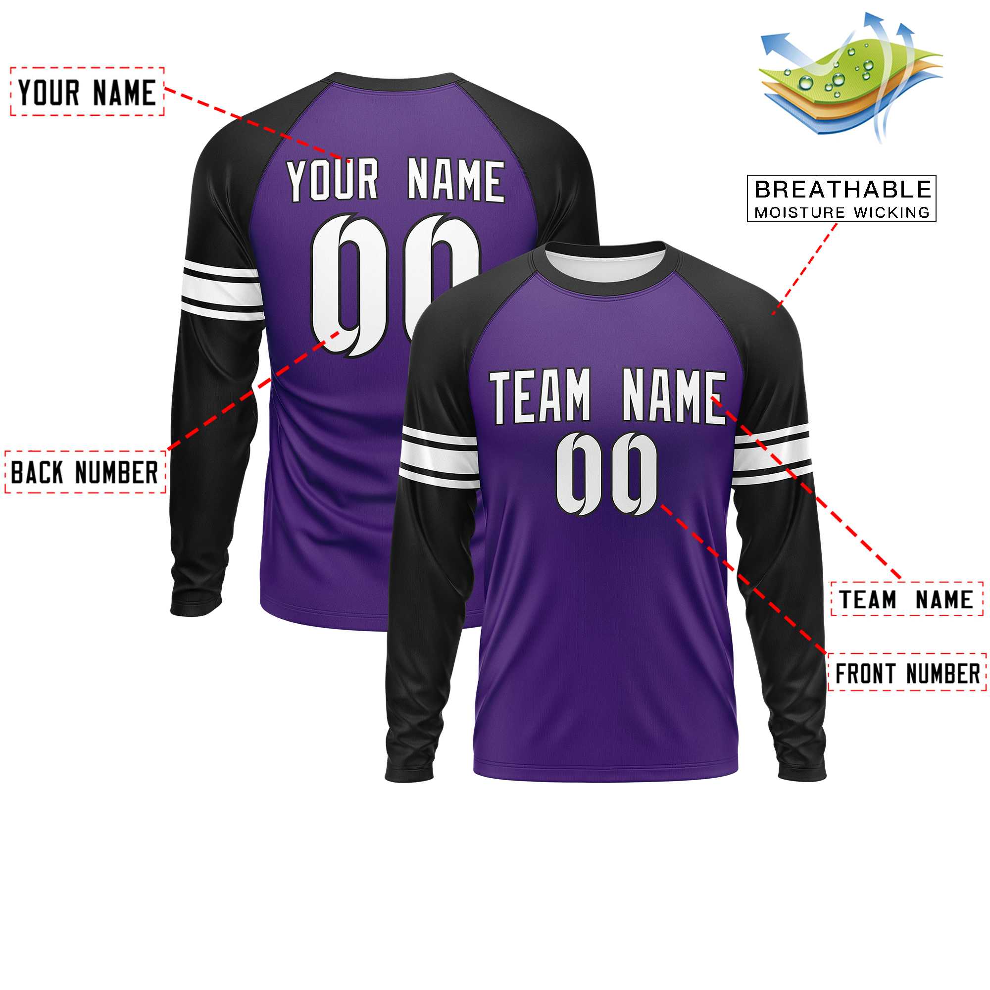 Custom Purple Black White Crew Neck Personalized Raglan Long Sleeve Performance T-shirt