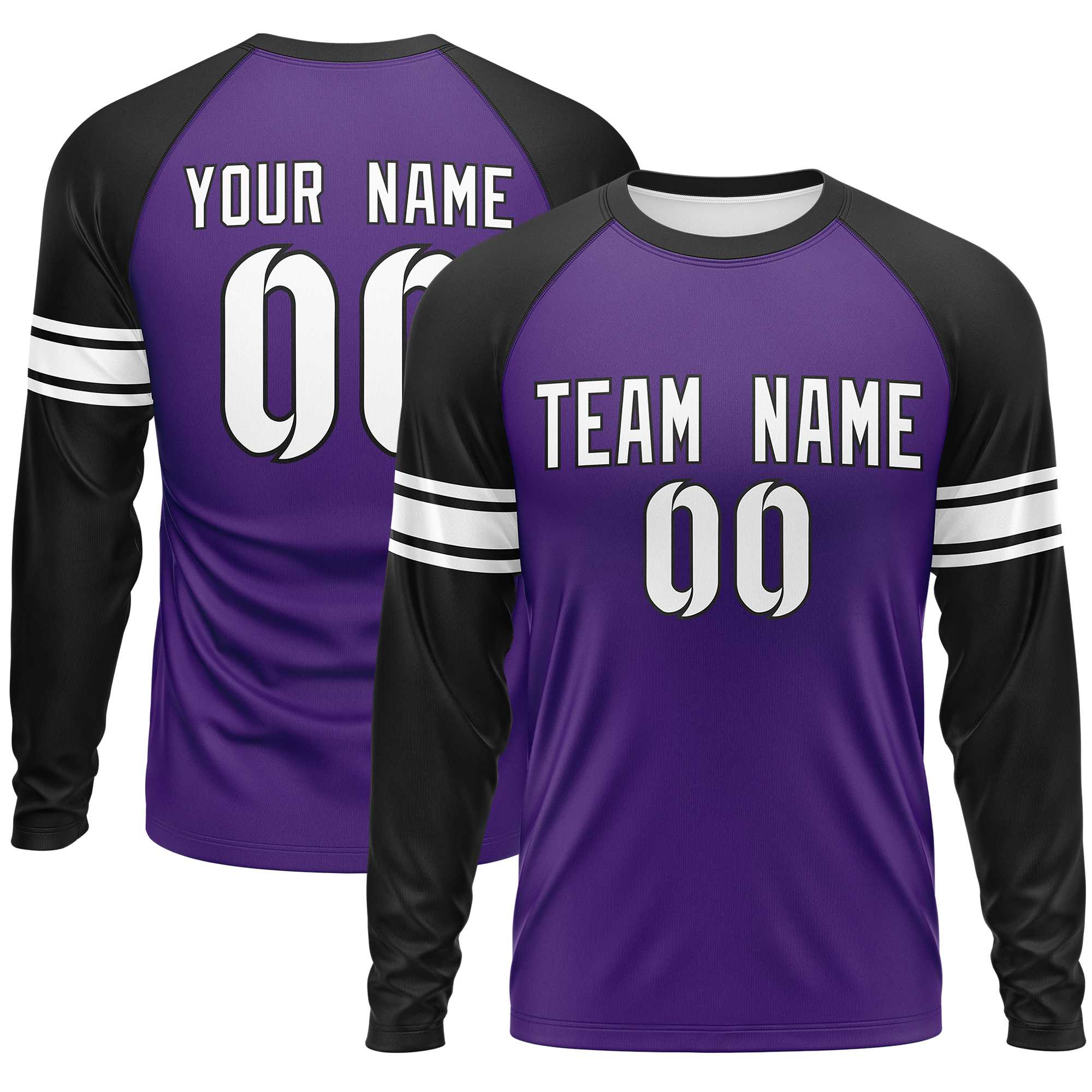 Custom Purple Black White Crew Neck Personalized Raglan Long Sleeve Performance T-shirt