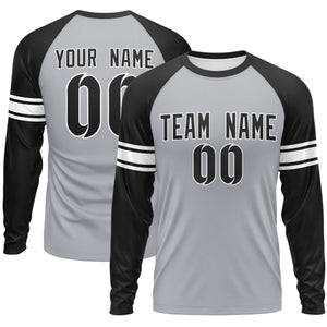 Custom Gray Black White Crew Neck Personalized Raglan Long Sleeve Performance T-shirt