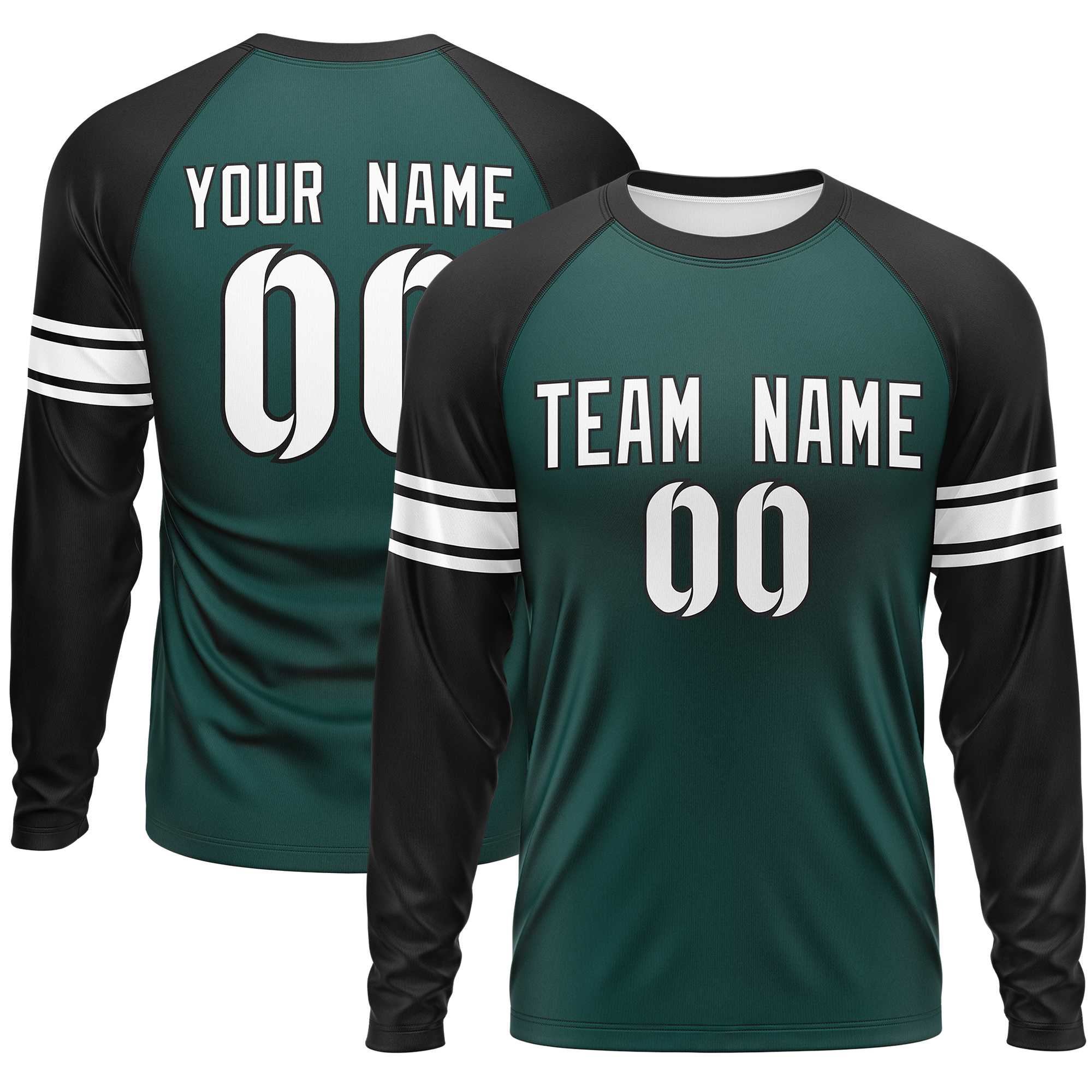 Custom Midnight Green Black White Crew Neck Personalized Raglan Long Sleeve Performance T-shirt