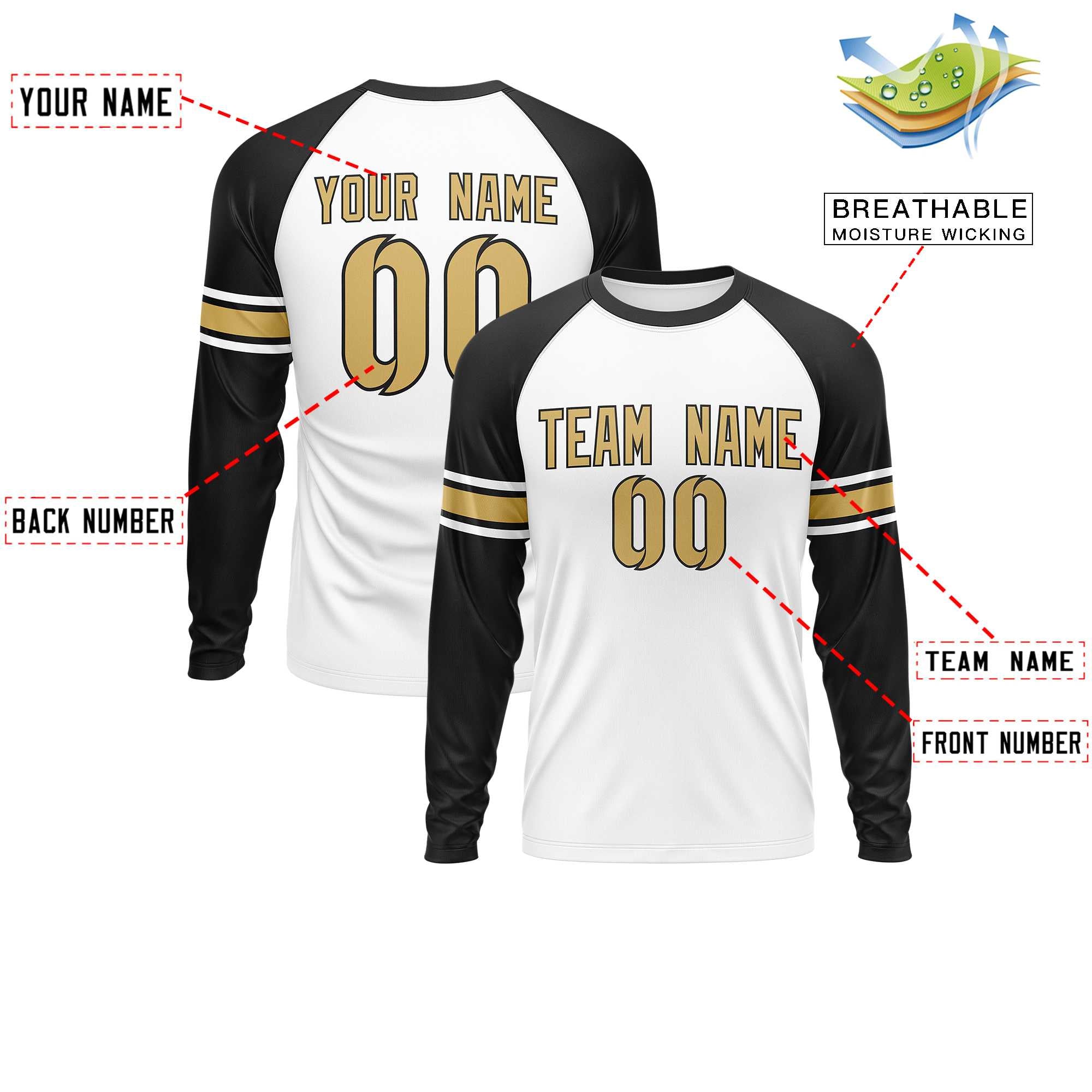 Custom White Black Old Gold Crew Neck Personalized Raglan Long Sleeve Performance T-shirt