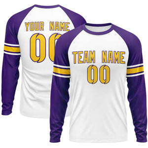 Custom White Purple Gold Crew Neck Personalized Raglan Long Sleeve Performance T-shirt