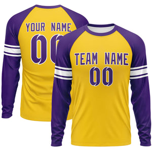 Custom Gold Purple White Crew Neck Personalized Raglan Long Sleeve Performance T-shirt