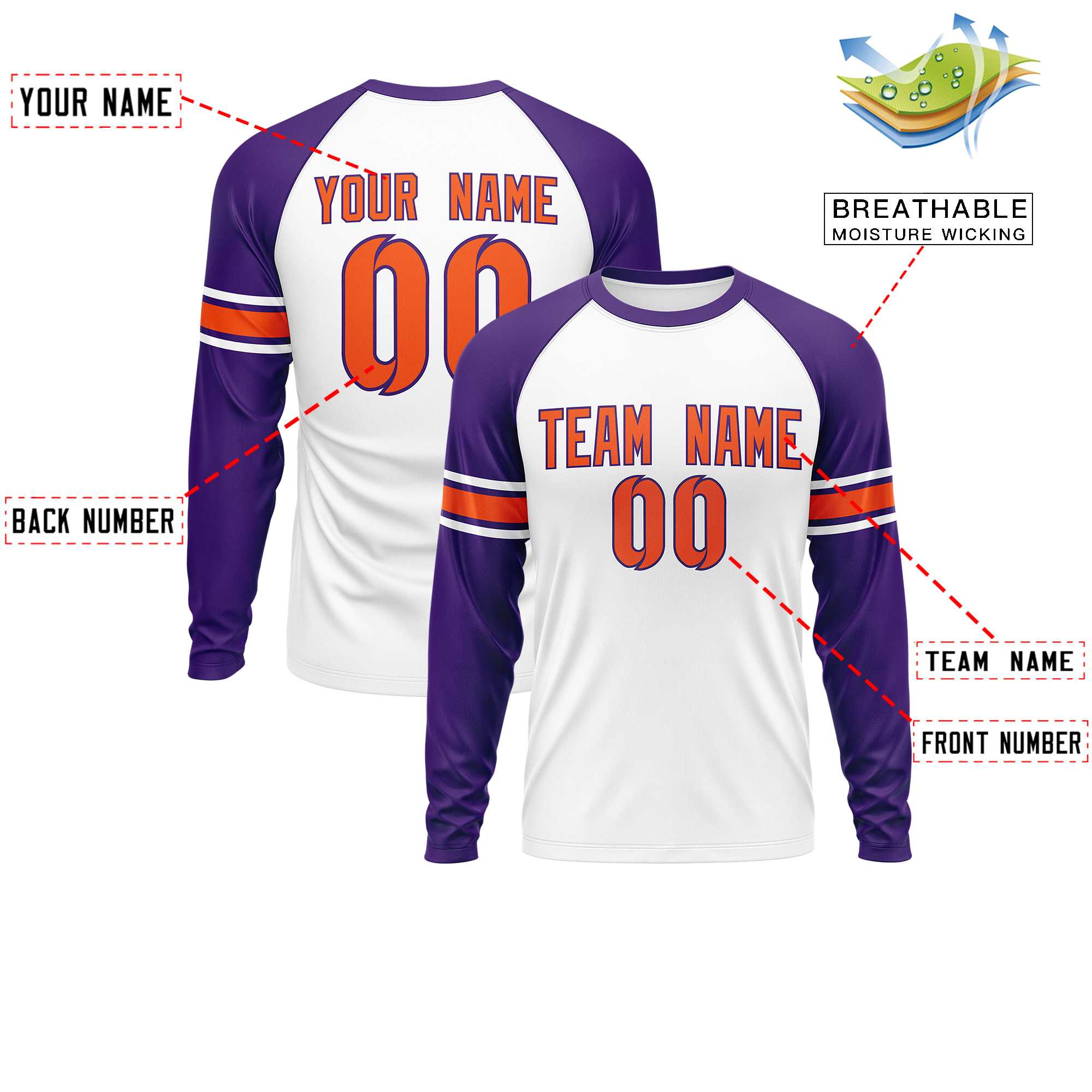 Custom White Purple Orange Crew Neck Personalized Raglan Long Sleeve Performance T-shirt