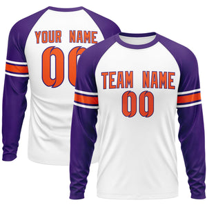 Custom White Purple Orange Crew Neck Personalized Raglan Long Sleeve Performance T-shirt