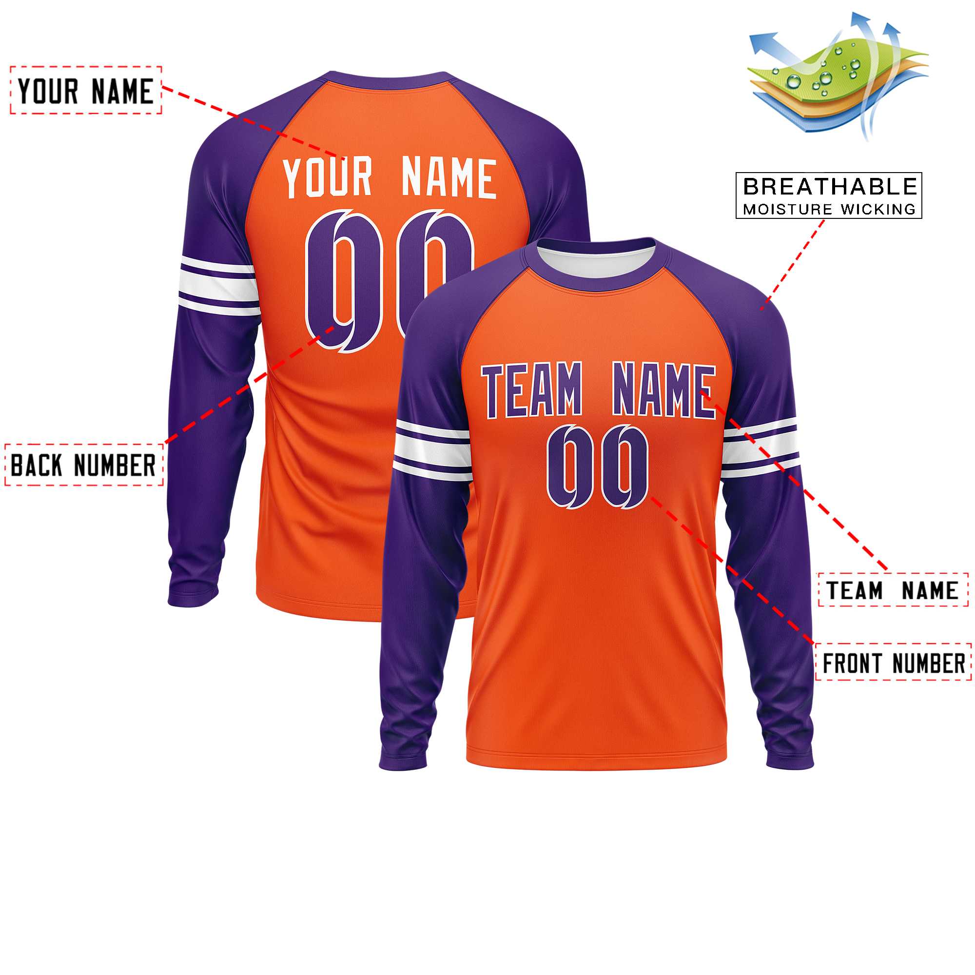 Custom Orange Purple White Crew Neck Personalized Raglan Long Sleeve Performance T-shirt