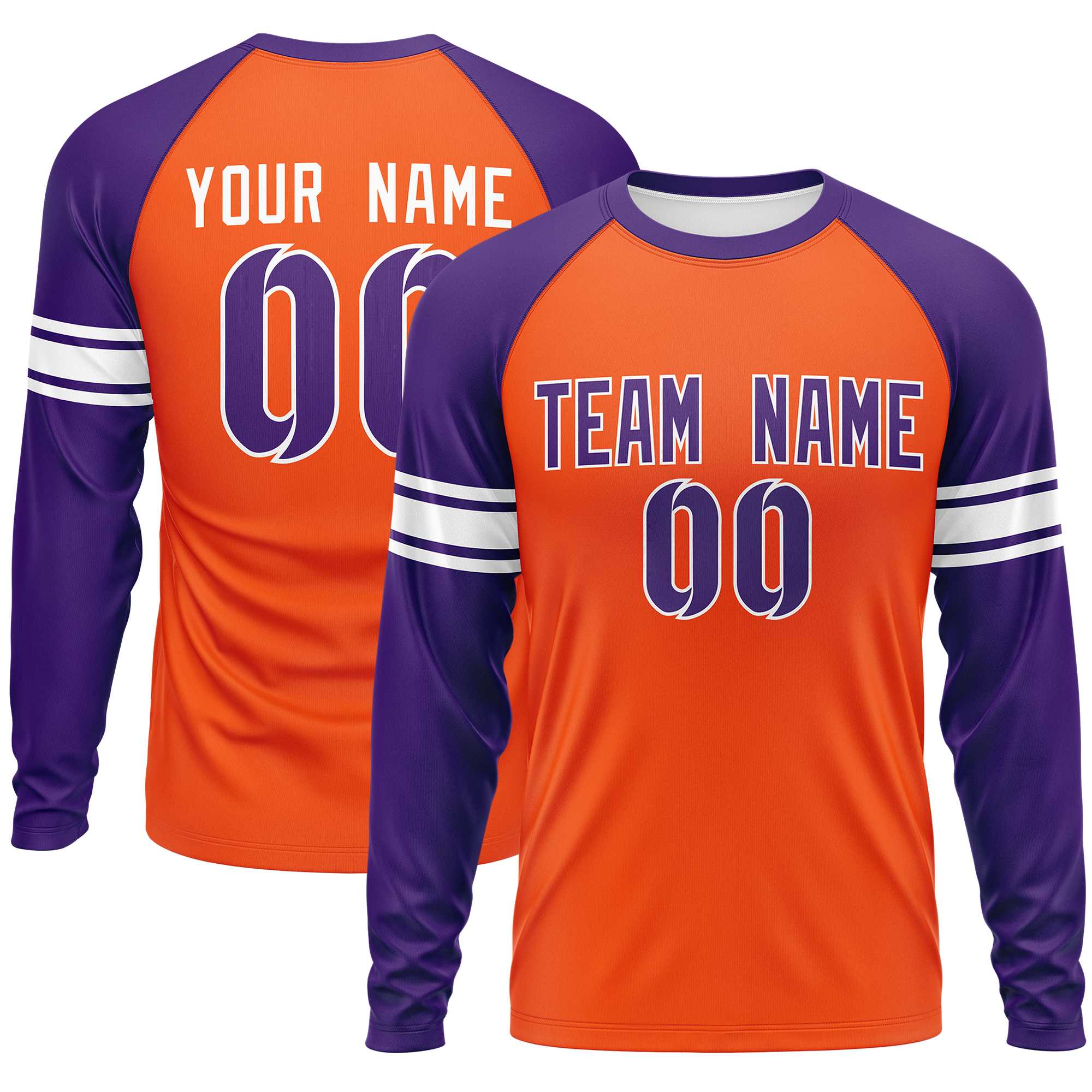 Custom Orange Purple White Crew Neck Personalized Raglan Long Sleeve Performance T-shirt