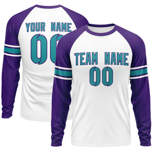 Custom White Purple Aqua Crew Neck Personalized Raglan Long Sleeve Performance T-shirt