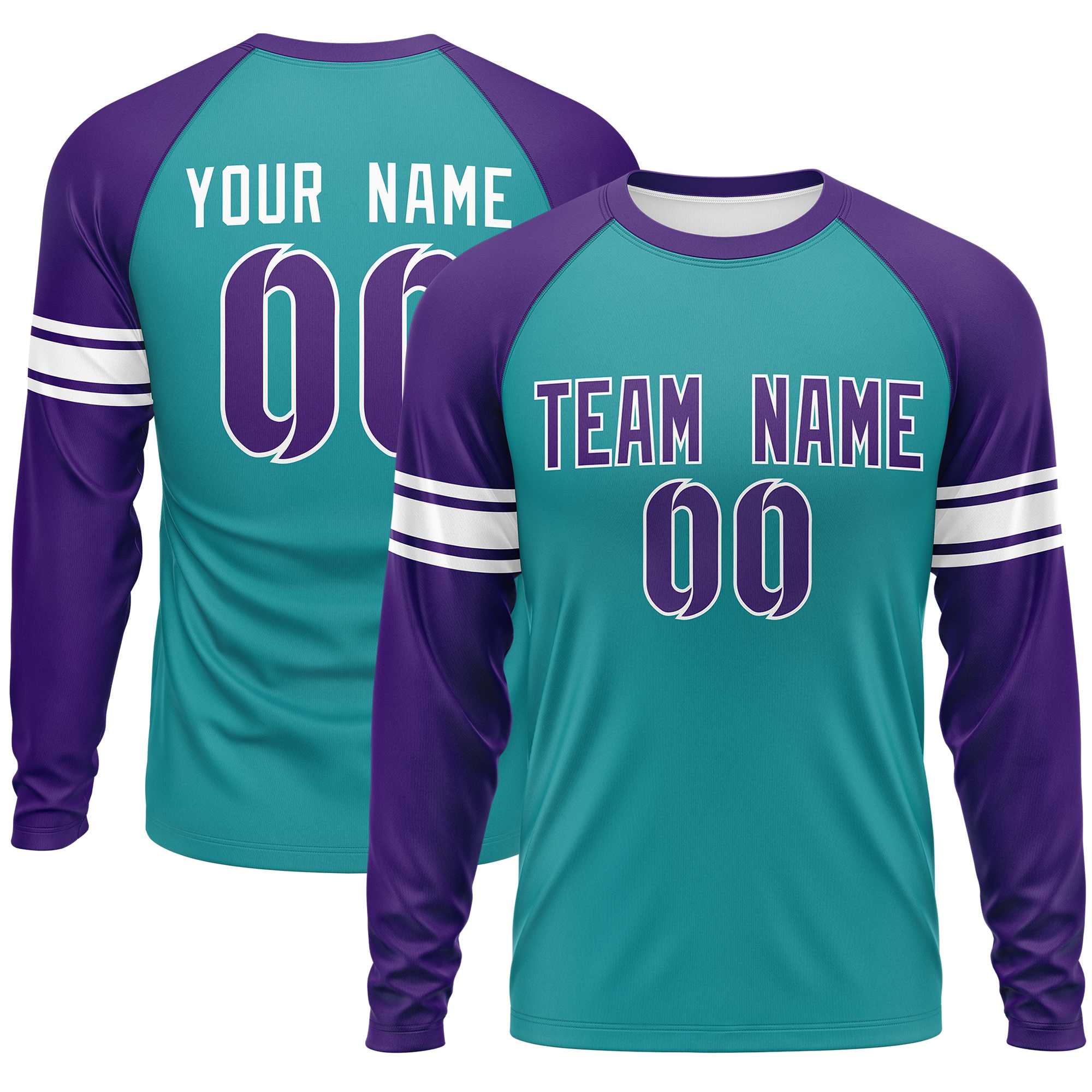 Custom Aqua Purple White Crew Neck Personalized Raglan Long Sleeve Performance T-shirt