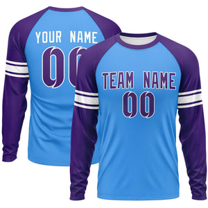 Custom Powder Blue Purple White Crew Neck Personalized Raglan Long Sleeve Performance T-shirt