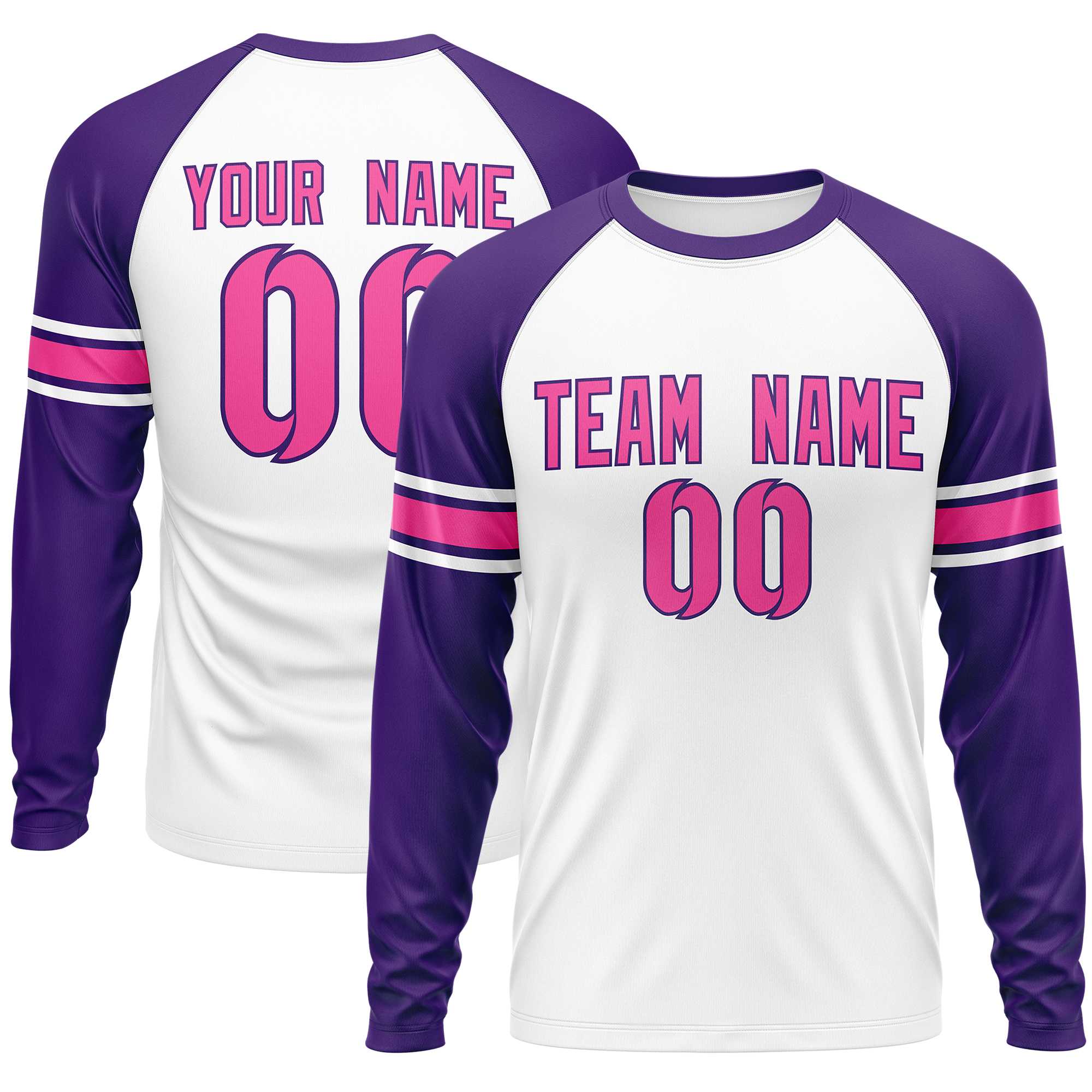 Custom White Purple Pink Crew Neck Personalized Raglan Long Sleeve Performance T-shirt