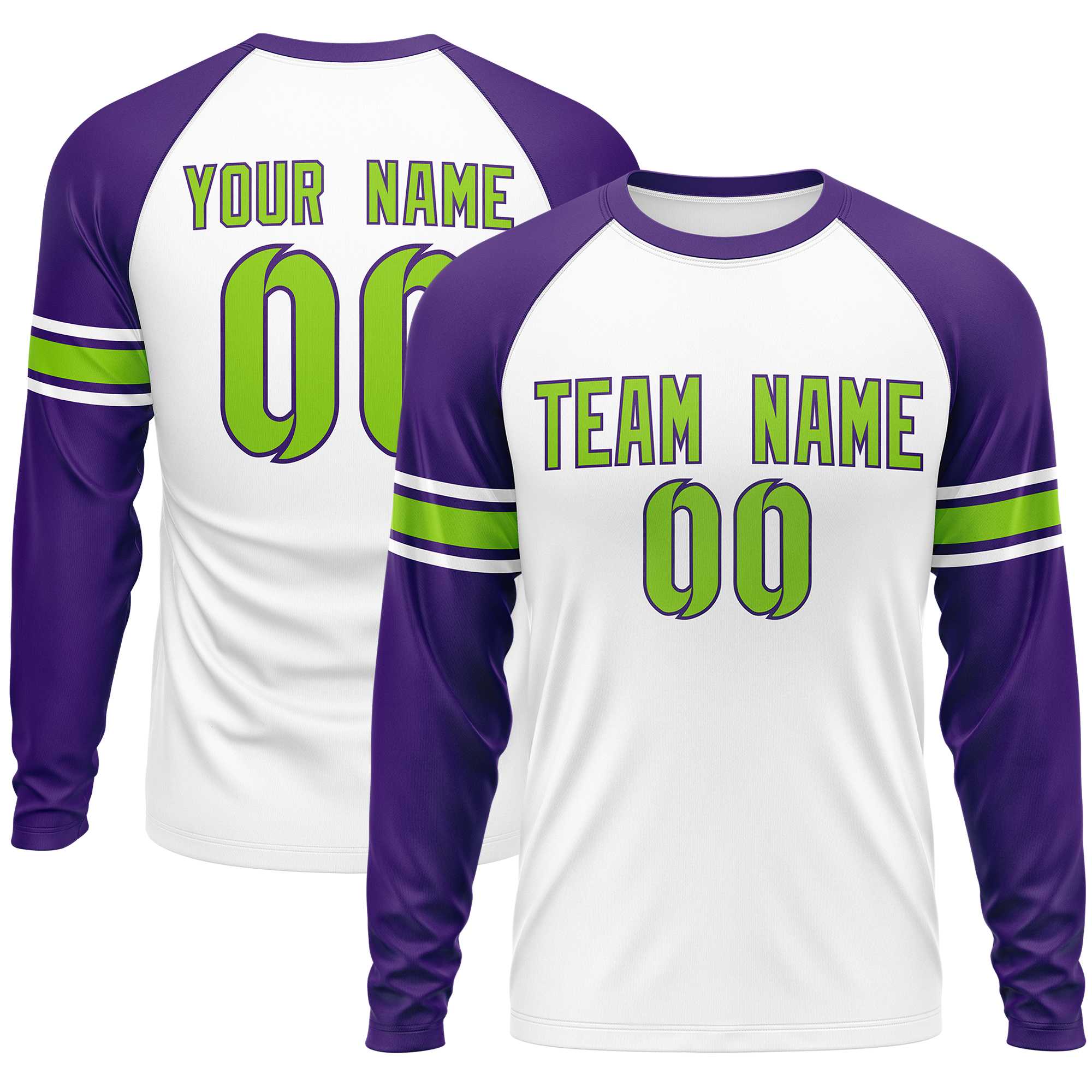 Custom White Purple Neon Green Crew Neck Personalized Raglan Long Sleeve Performance T-shirt