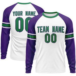 Custom White Purple Kelly Green Crew Neck Personalized Raglan Long Sleeve Performance T-shirt