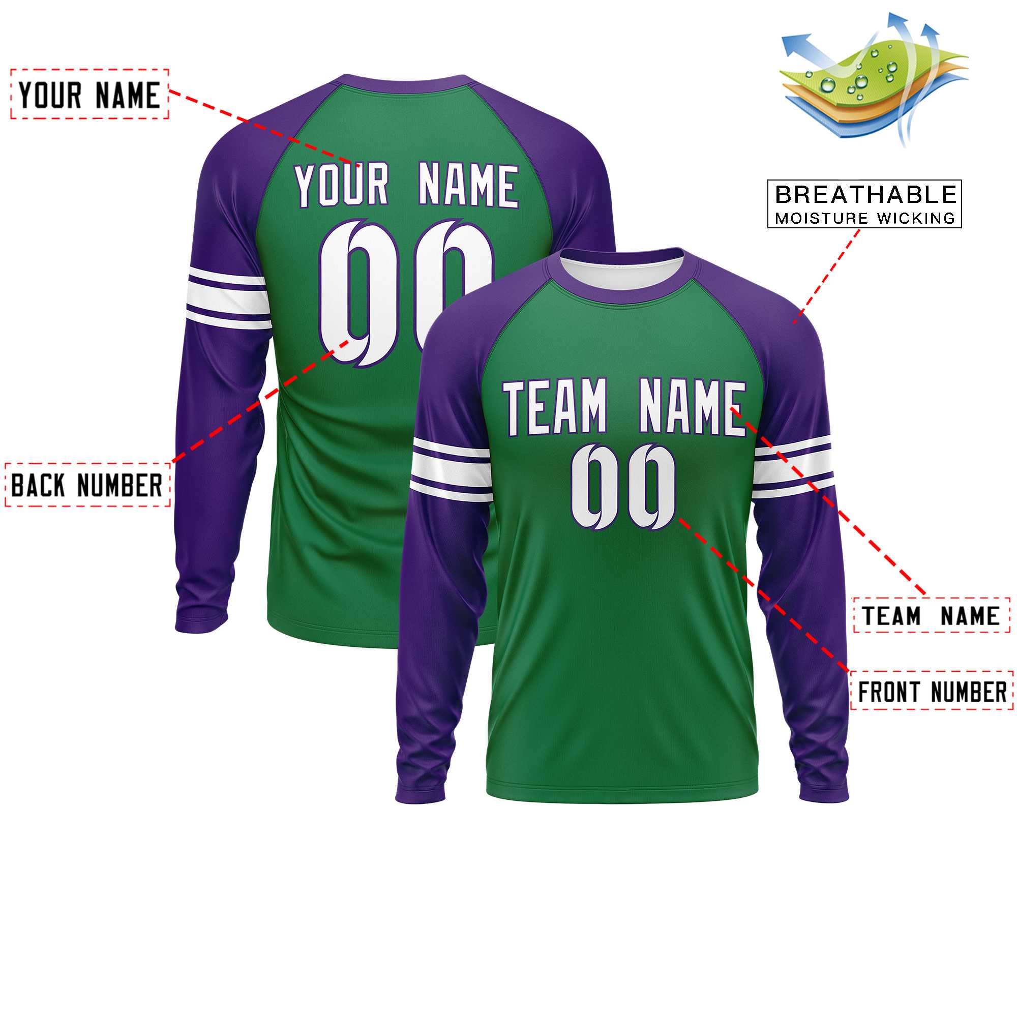 Custom Kelly Green Purple White Crew Neck Personalized Raglan Long Sleeve Performance T-shirt