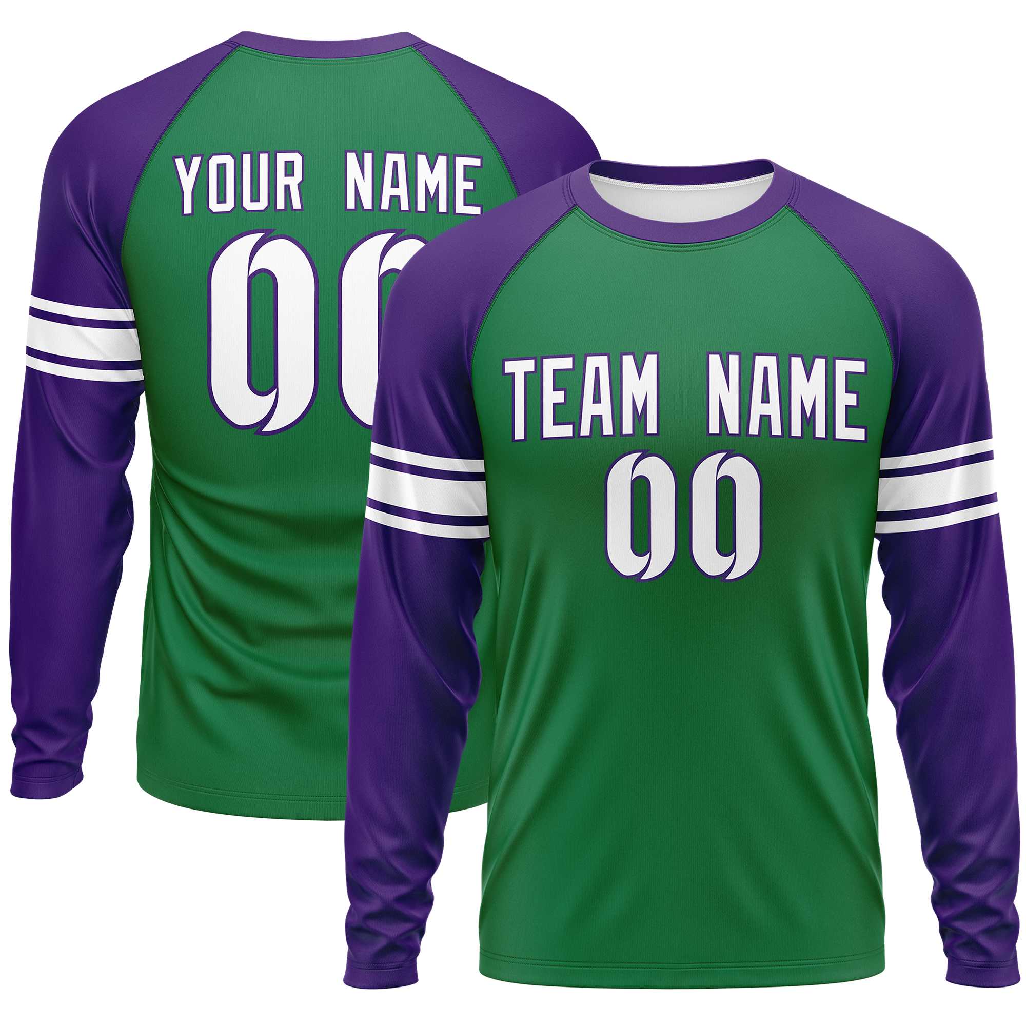 Custom Kelly Green Purple White Crew Neck Personalized Raglan Long Sleeve Performance T-shirt