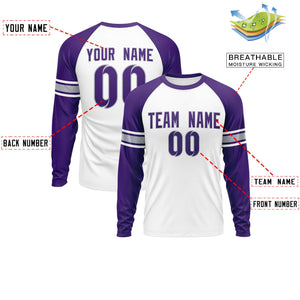 Custom White Purple Gray Crew Neck Personalized Raglan Long Sleeve Performance T-shirt