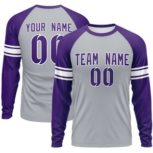 Custom Gray Purple White Crew Neck Personalized Raglan Long Sleeve Performance T-shirt