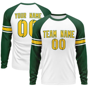 Custom White Green Gold Crew Neck Personalized Raglan Long Sleeve Performance T-shirt