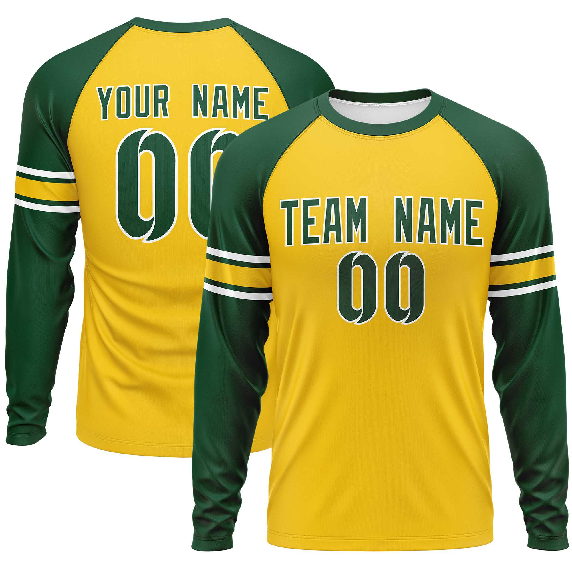 Custom Gold Green White Crew Neck Personalized Raglan Long Sleeve Performance T-shirt