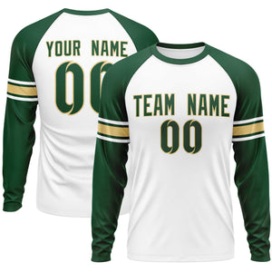 Custom White Green Khaki Crew Neck Personalized Raglan Long Sleeve Performance T-shirt