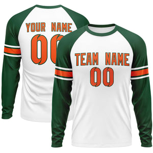 Custom White Green Orange Crew Neck Personalized Raglan Long Sleeve Performance T-shirt