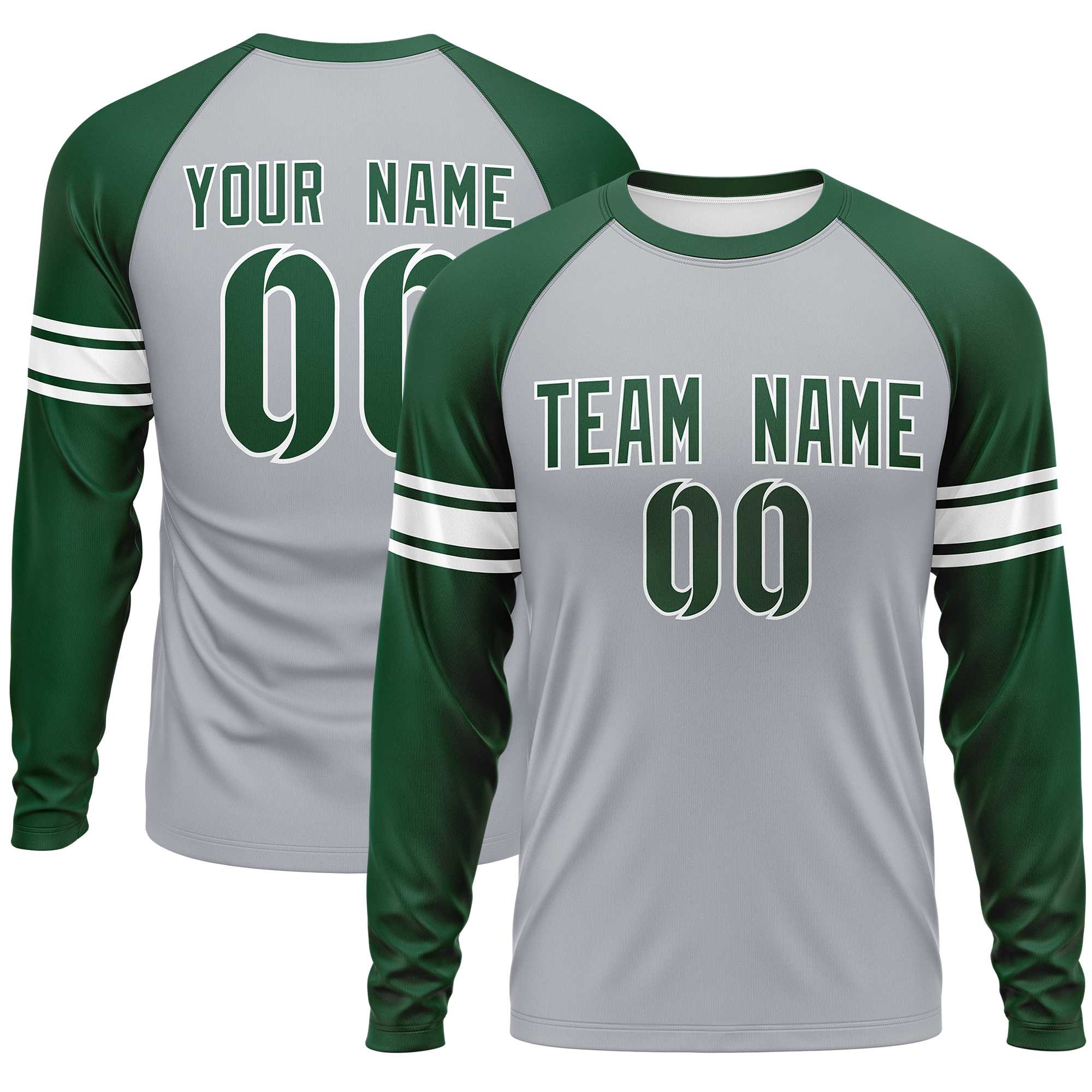 Custom Gray Green White Crew Neck Personalized Raglan Long Sleeve Performance T-shirt