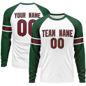 Custom White Green Crimson Crew Neck Personalized Raglan Long Sleeve Performance T-shirt