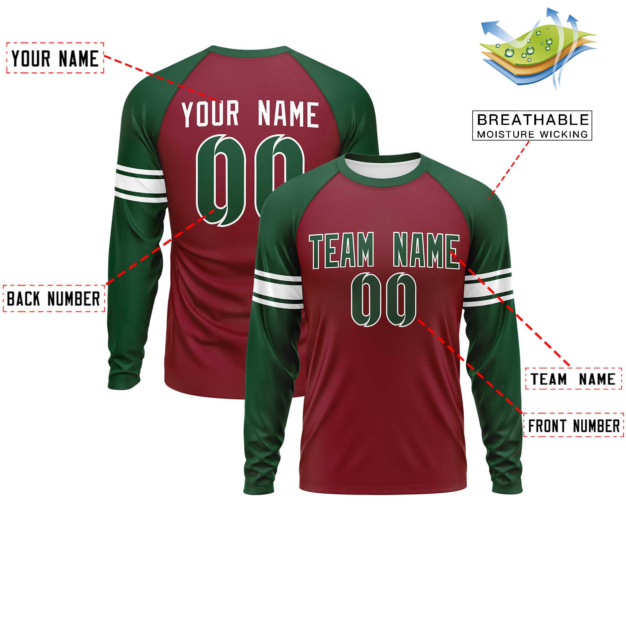 Custom Crimson Green White Crew Neck Personalized Raglan Long Sleeve Performance T-shirt