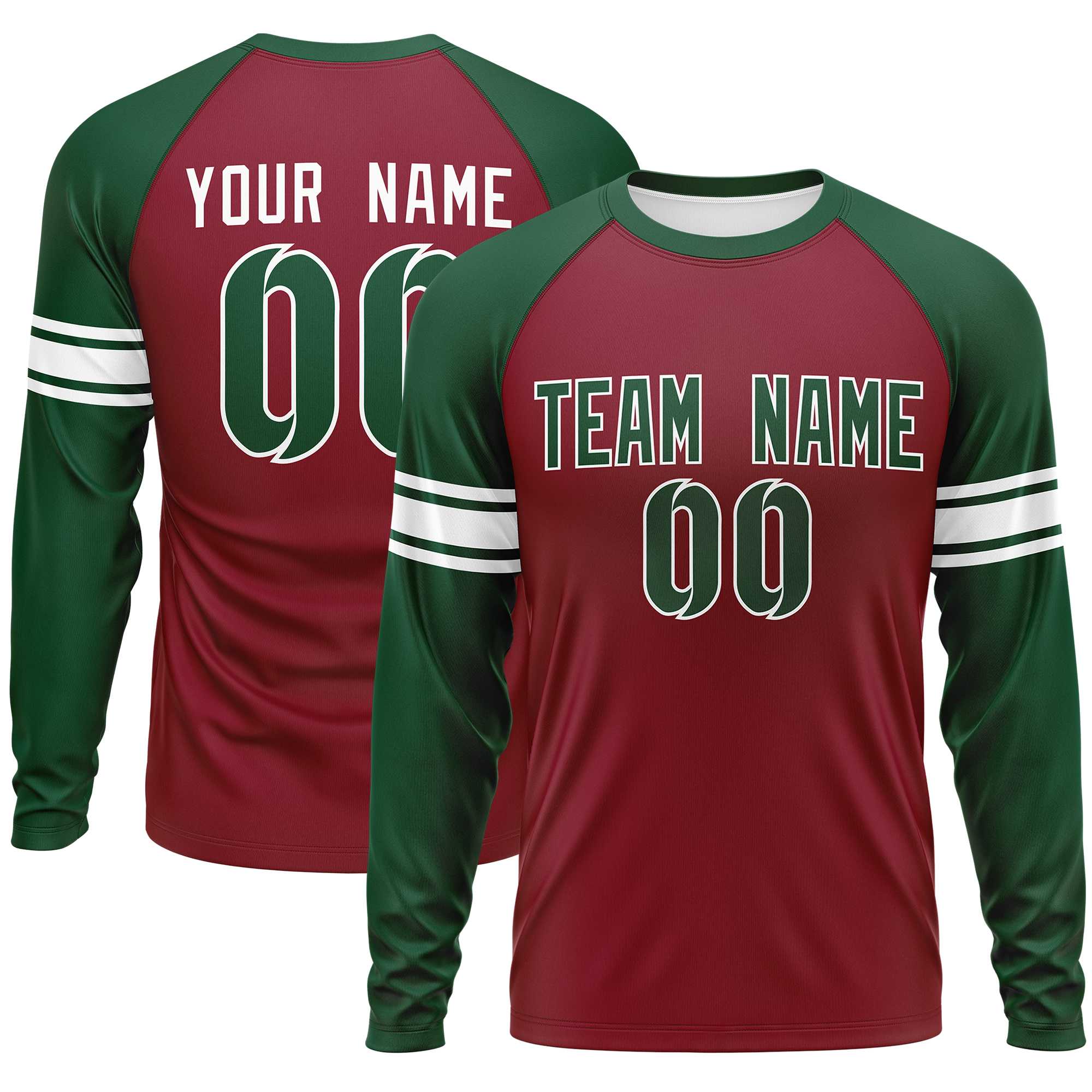 Custom Crimson Green White Crew Neck Personalized Raglan Long Sleeve Performance T-shirt