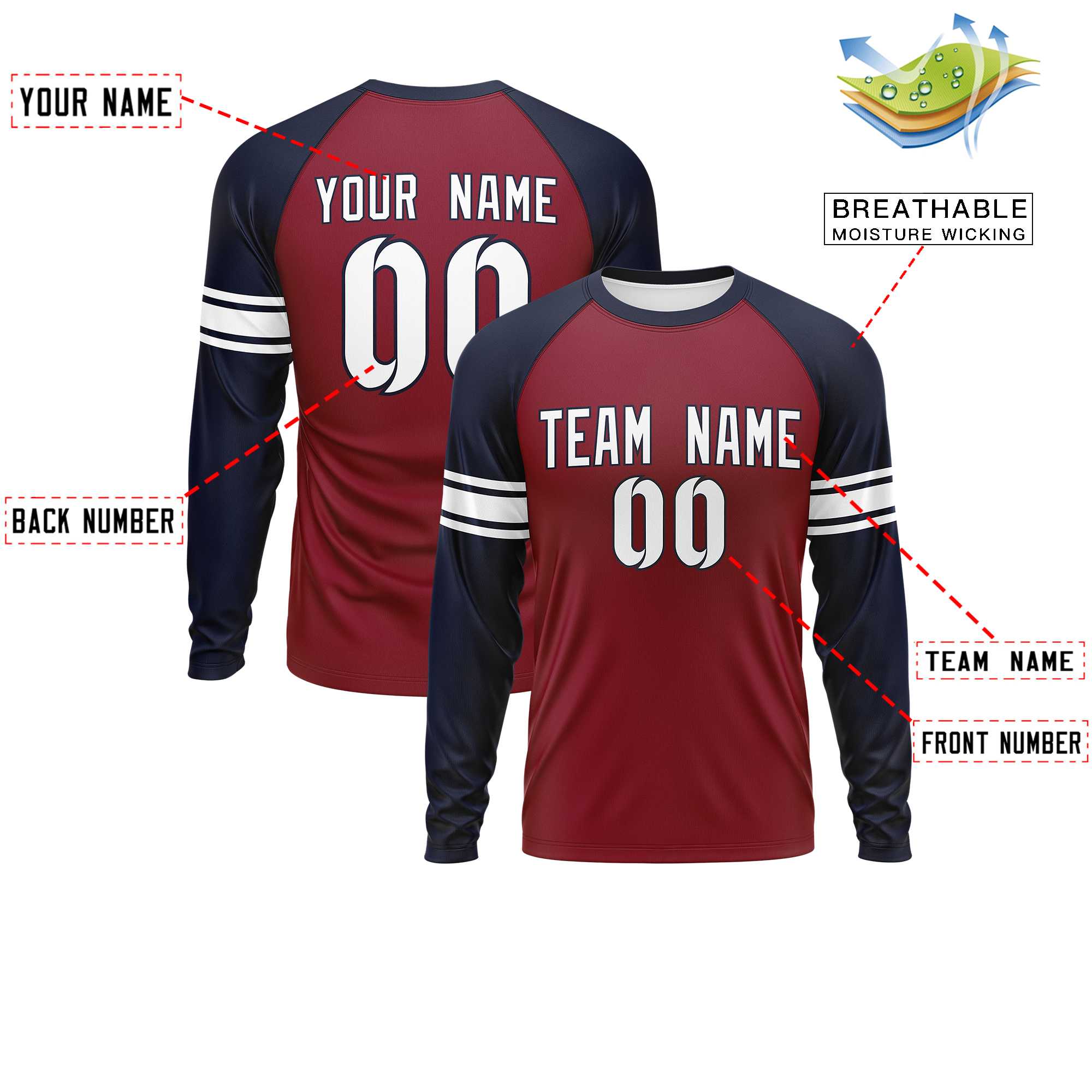 Custom Crimson Navy White Crew Neck Personalized Raglan Long Sleeve Performance T-shirt