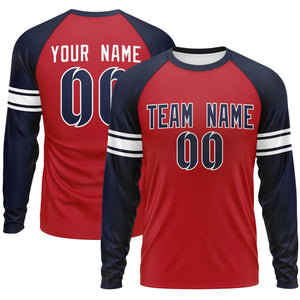 Custom Red Navy White Crew Neck Personalized Raglan Long Sleeve Performance T-shirt