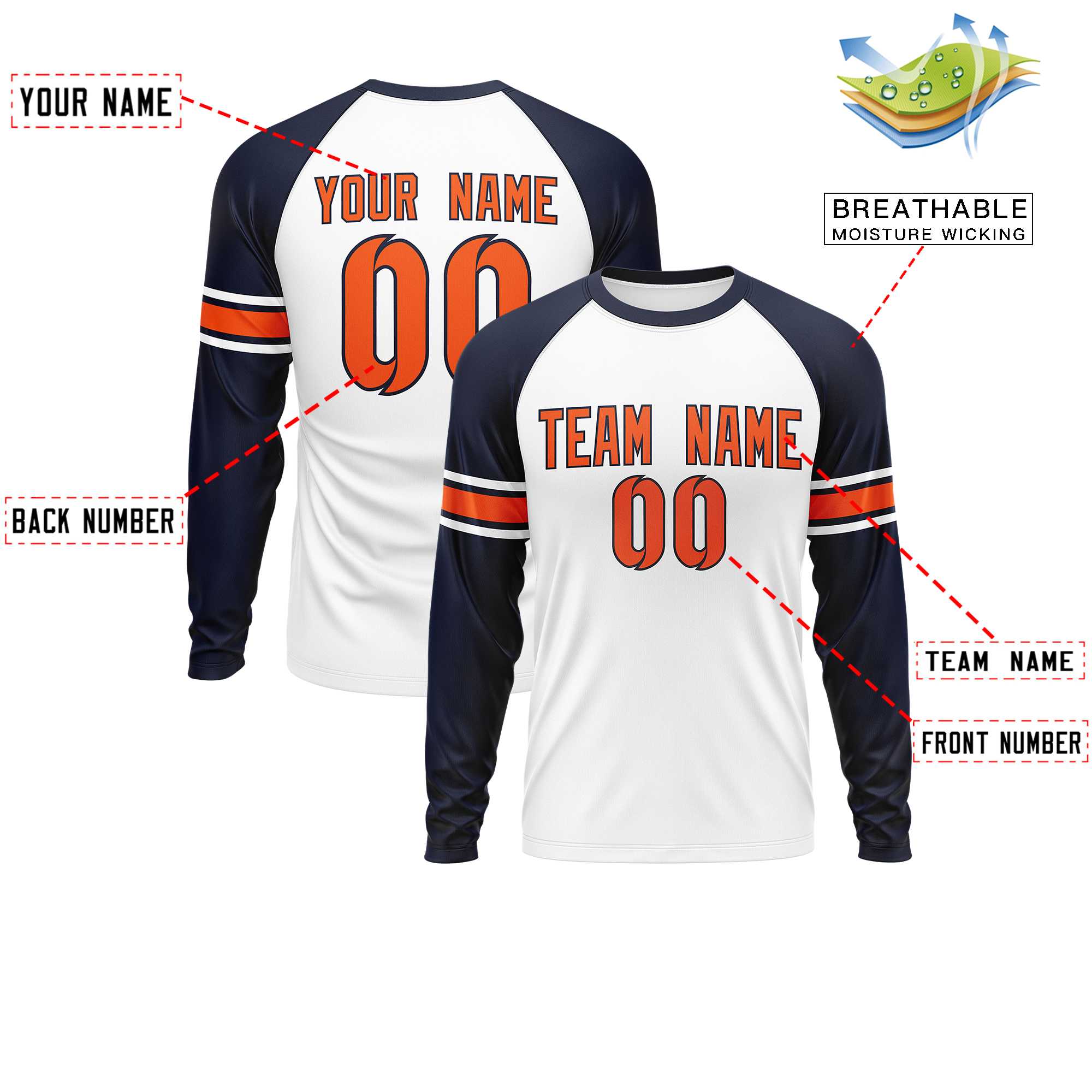 Custom White Navy Orange Crew Neck Personalized Raglan Long Sleeve Performance T-shirt