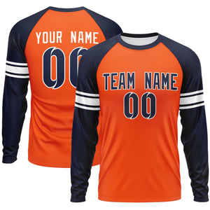 Custom Orange Navy White Crew Neck Personalized Raglan Long Sleeve Performance T-shirt