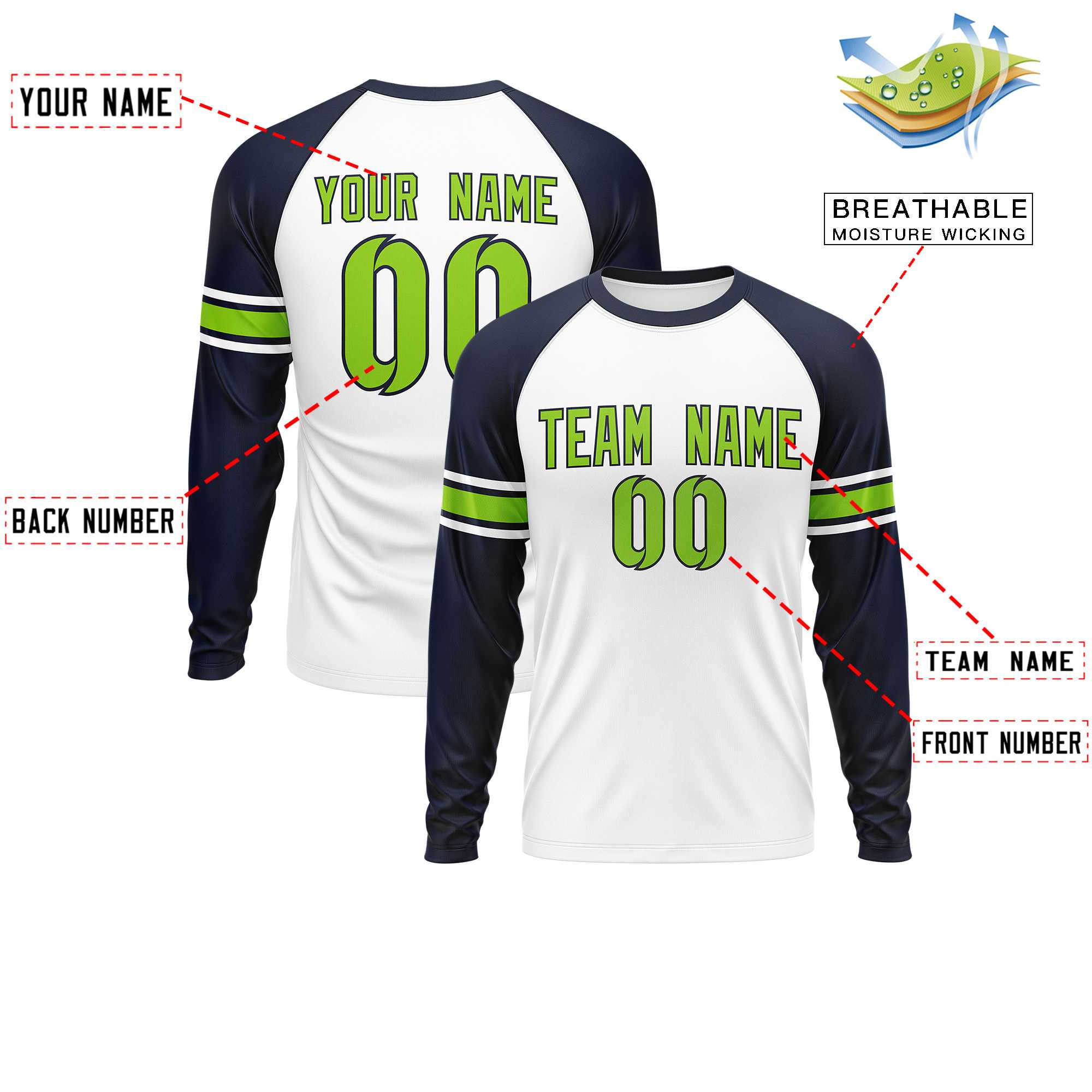 Custom White Navy Neon Green Crew Neck Personalized Raglan Long Sleeve Performance T-shirt