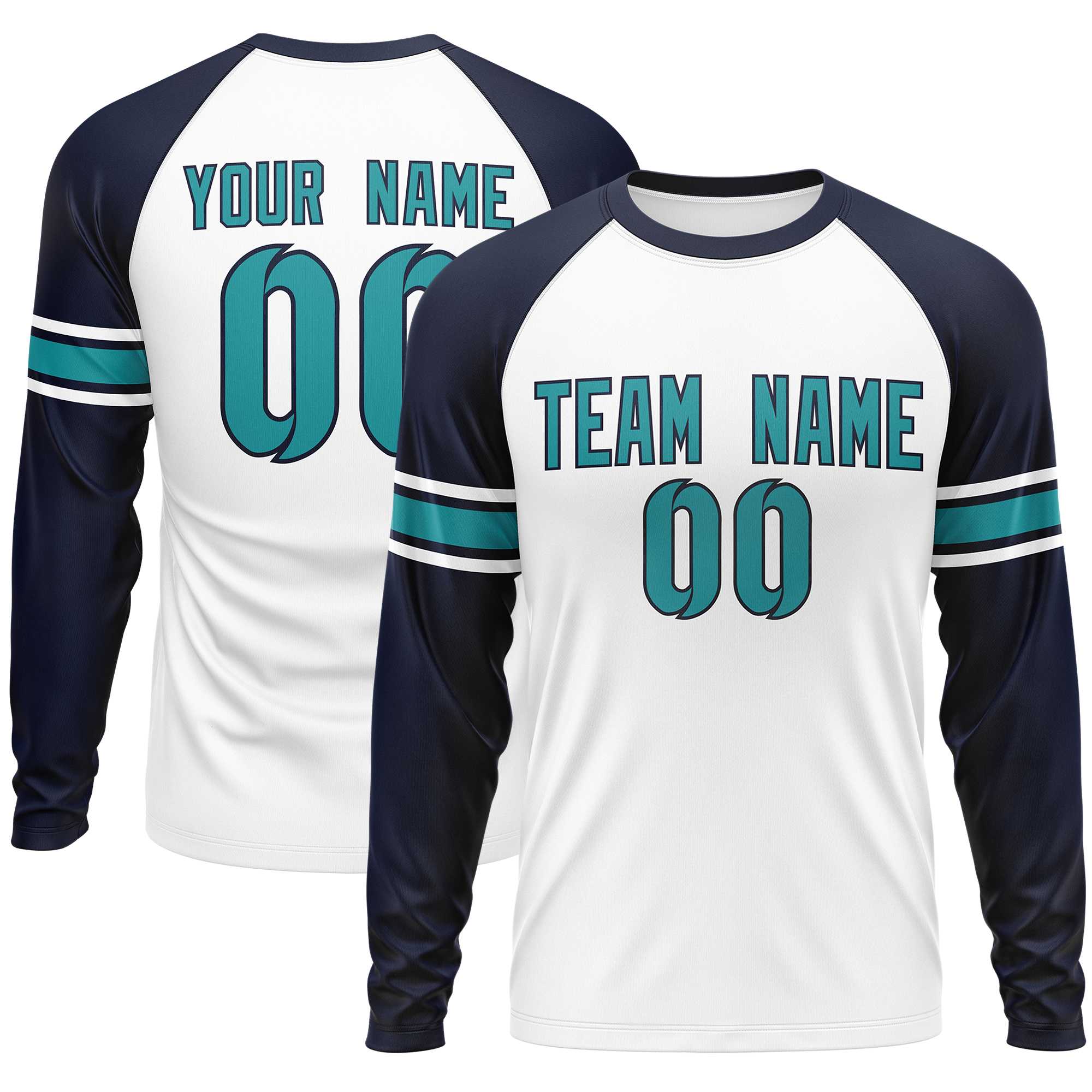 Custom White Navy Aqua Crew Neck Personalized Raglan Long Sleeve Performance T-shirt