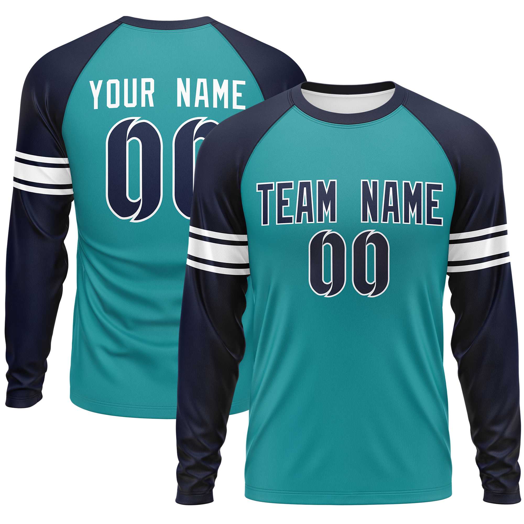 Custom Aqua Navy White Crew Neck Personalized Raglan Long Sleeve Performance T-shirt