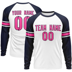 Custom White Navy Pink Crew Neck Personalized Raglan Long Sleeve Performance T-shirt