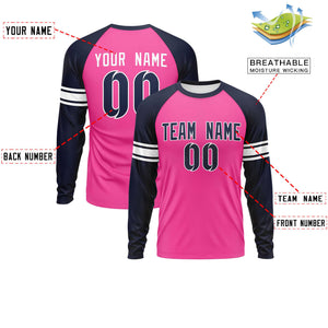 Custom Pink Navy White Crew Neck Personalized Raglan Long Sleeve Performance T-shirt