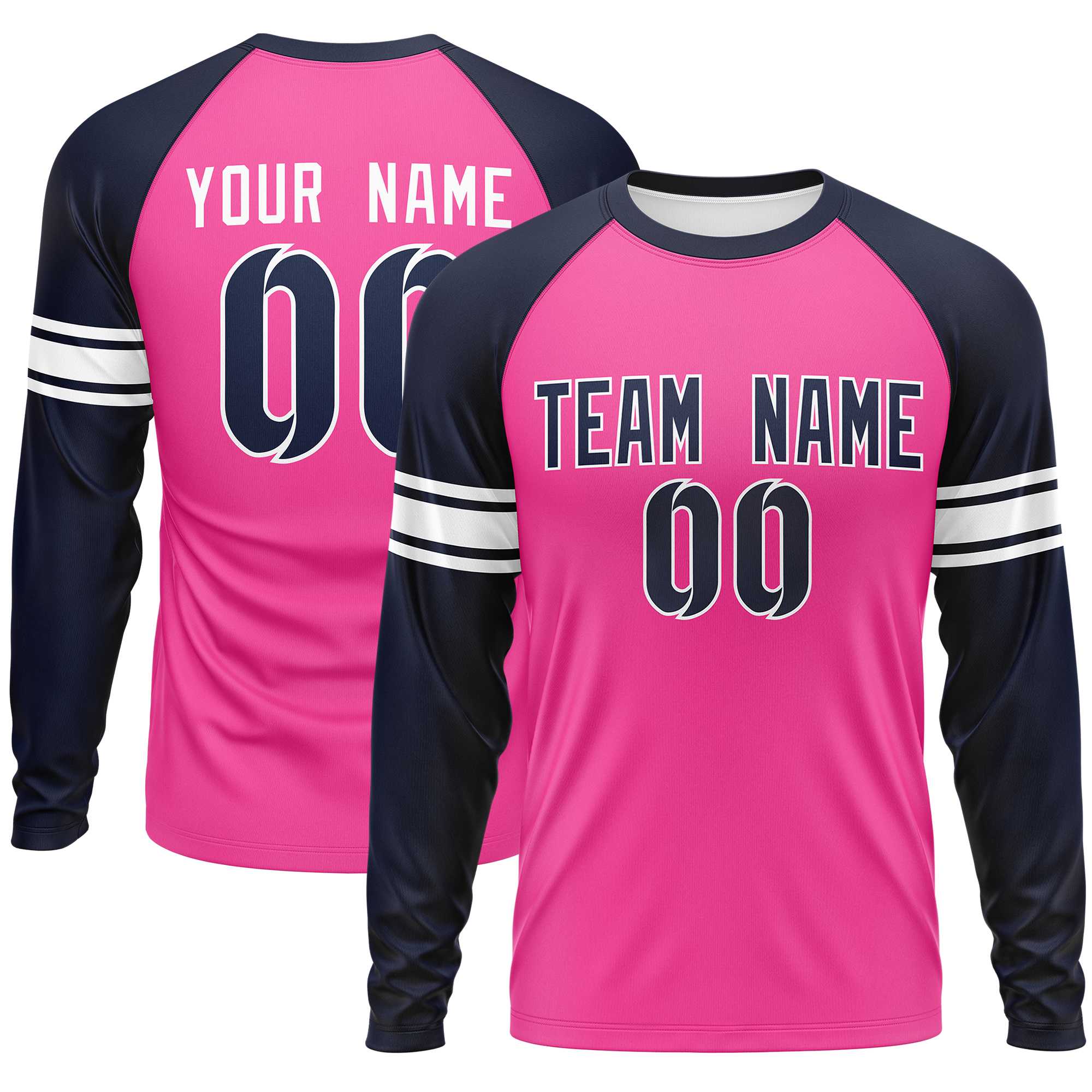 Custom Pink Navy White Crew Neck Personalized Raglan Long Sleeve Performance T-shirt