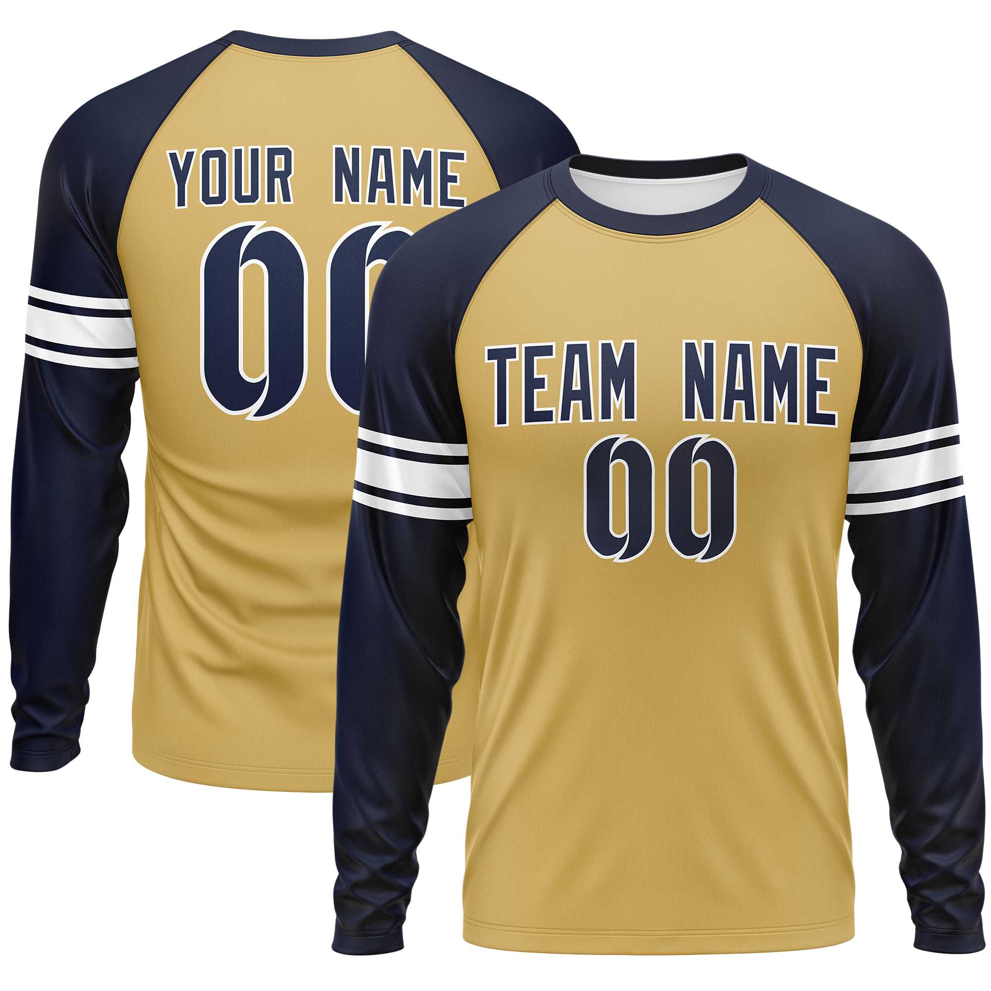 Custom Old Gold Navy White Crew Neck Personalized Raglan Long Sleeve Performance T-shirt