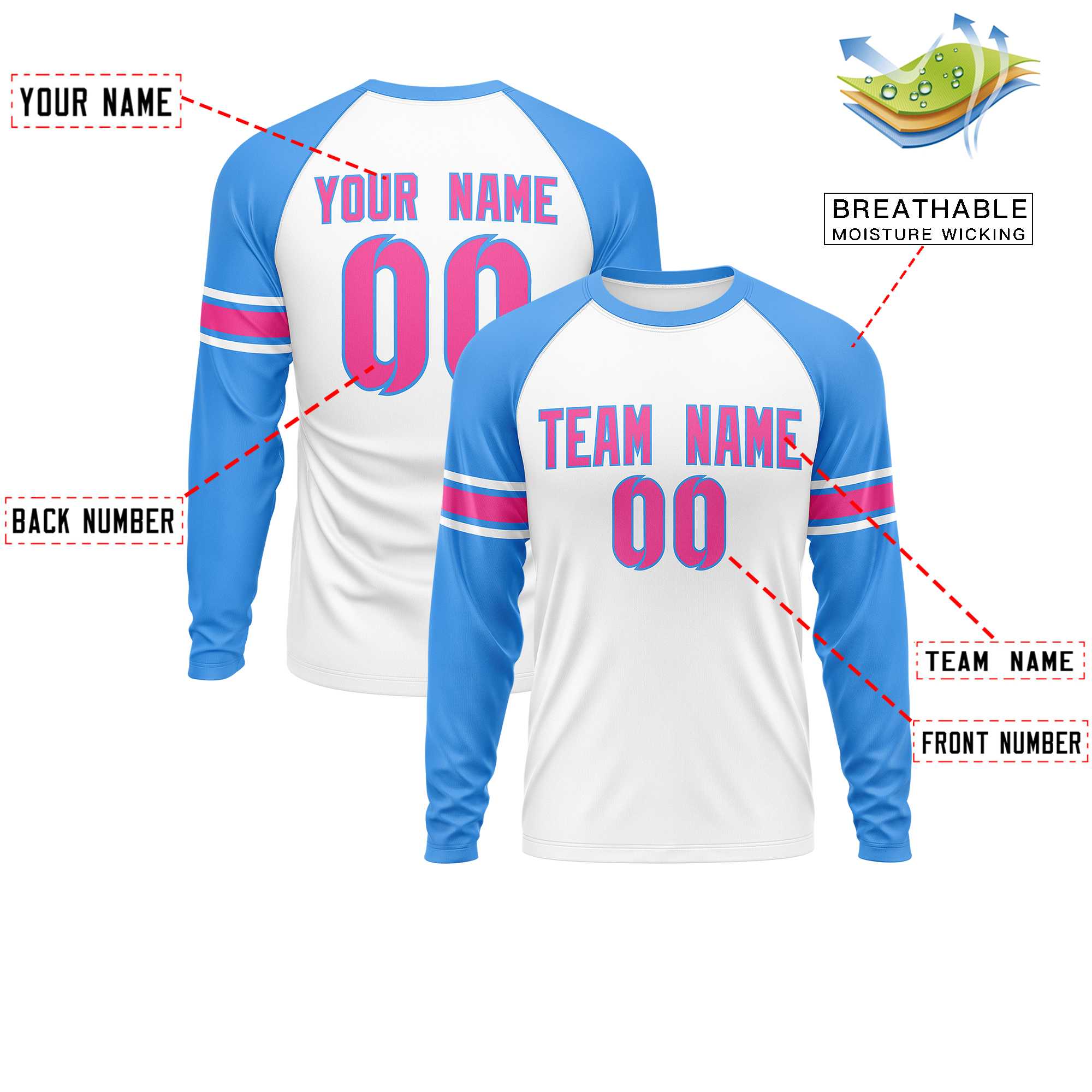 Custom White Powder Blue Pink Crew Neck Personalized Raglan Long Sleeve Performance T-shirt