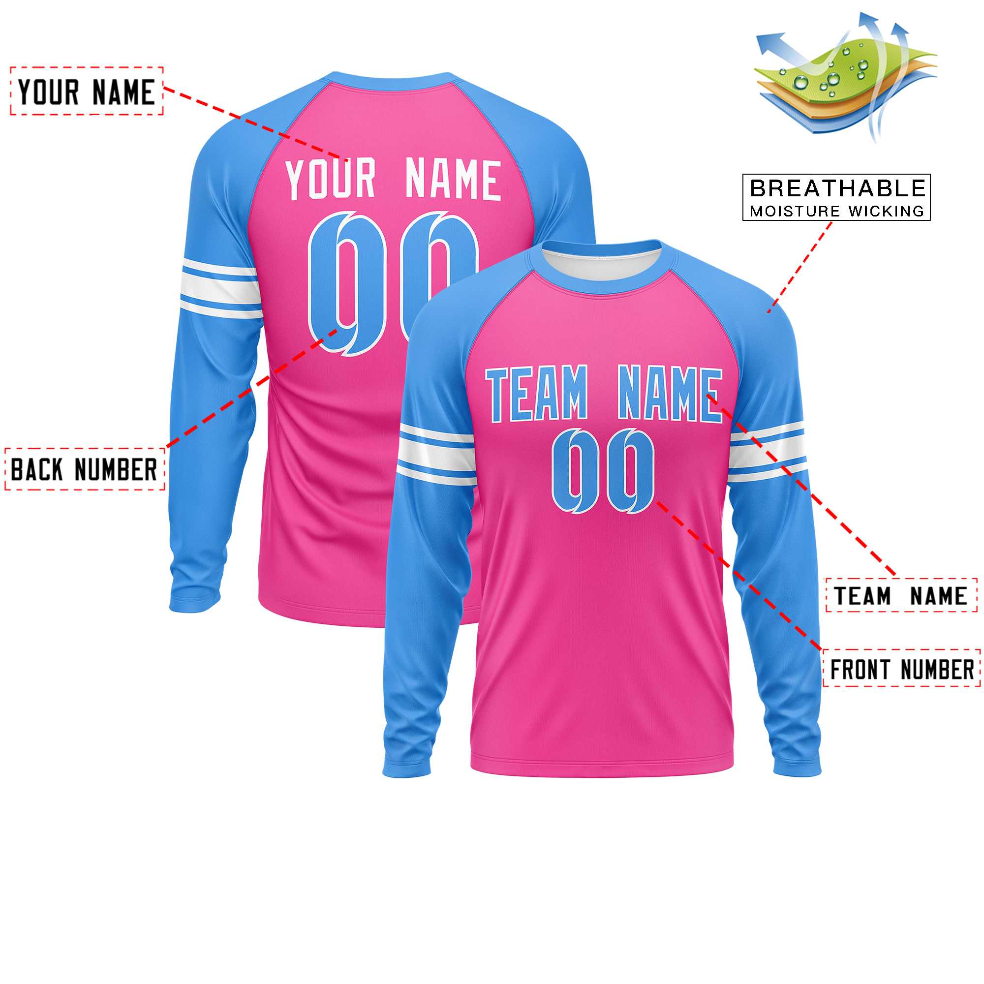 Custom Pink Powder Blue White Crew Neck Personalized Raglan Long Sleeve Performance T-shirt