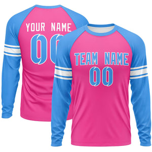 Custom Pink Powder Blue White Crew Neck Personalized Raglan Long Sleeve Performance T-shirt