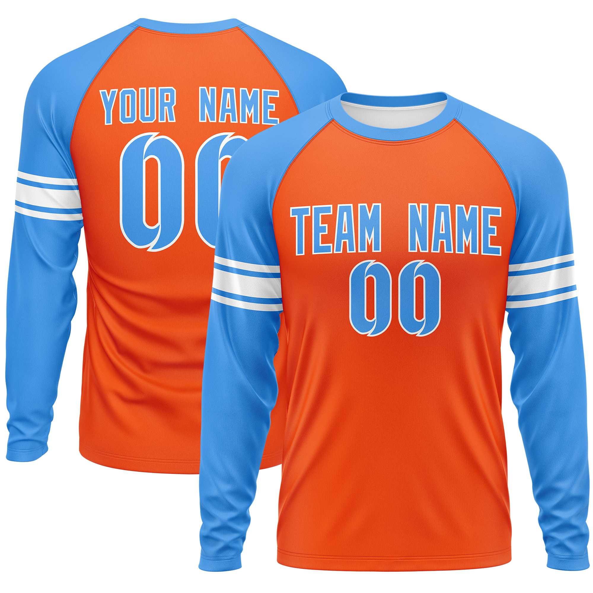 Custom Orange Powder Blue White Crew Neck Personalized Raglan Long Sleeve Performance T-shirt